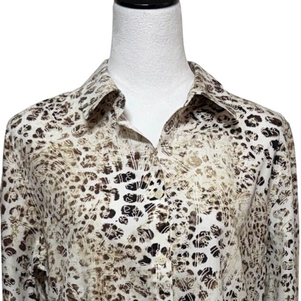 Chicos Top Womens Large 2 Tan Animal Print No-Iron Button Up Long Sleeve Shirt